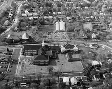 Aerial photo of the church dated around 1970